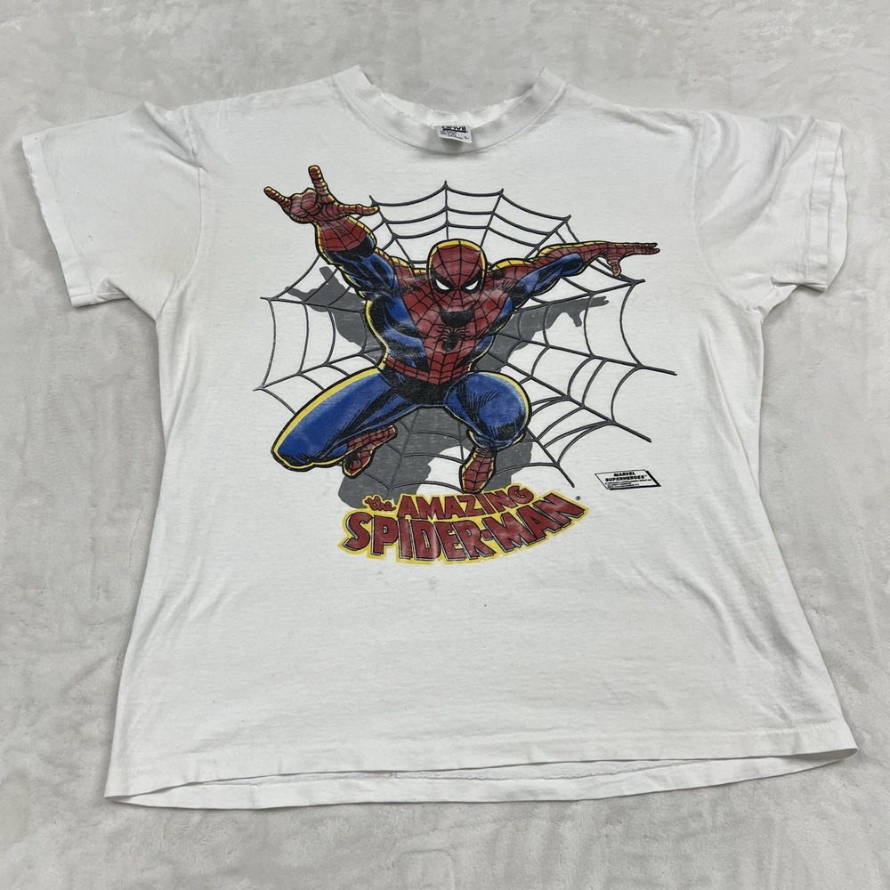 Anvil Spider-Man Graphic T-Shirt Mens Large White Vintage Distressed Marvel